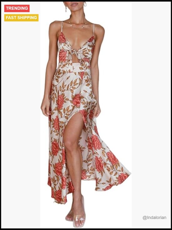 Dresses & Skirts - Women Spaghetti Strap Midi Satin Dress Tie Front Backless Slit Cutout Casual